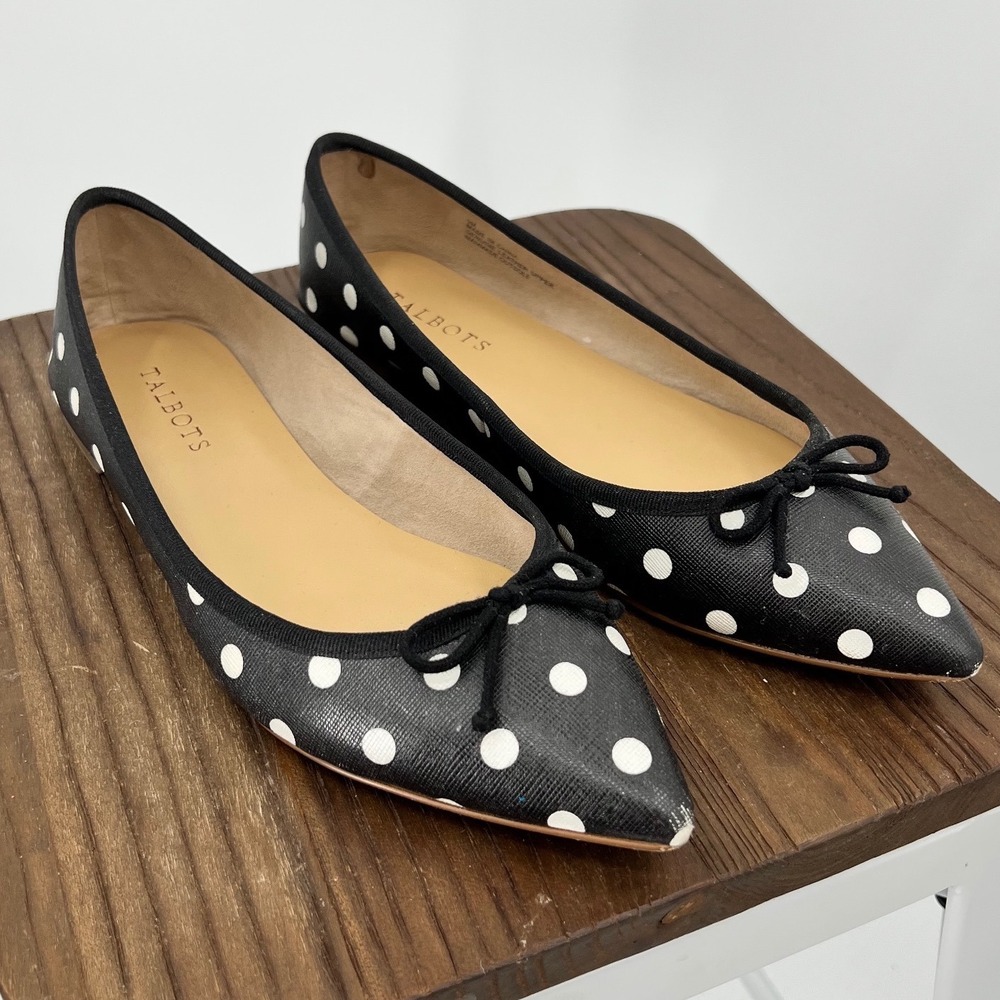 Talbots Polka Dot Pointed Toe Leather Flats Black White Bow Accent Size 9M